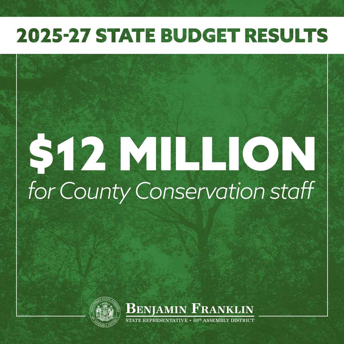 Proud to have secured funding for our county conservation staff! These individuals partner with landowners to address natural resource issues.