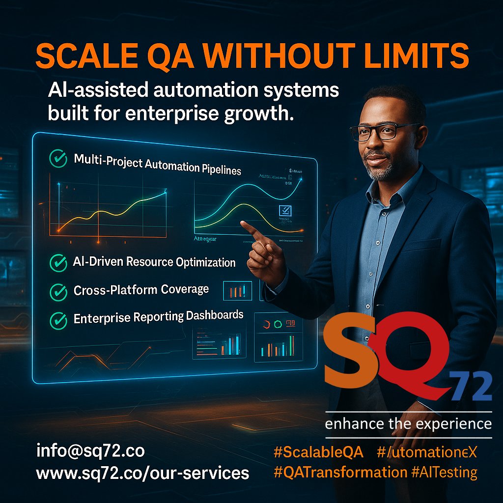 Sq72Academy's tweet image. 🚀 Scale QA Without Limits
SQ72’s Q2 AI-assisted Framework delivers:
✅ Multi-project automation pipelines
✅ AI-driven resource optimization
✅ Enterprise QA dashboards
📩 info@sq72.co | 🌐 sq72.co/our-services
#ScalableQA #QATransformation