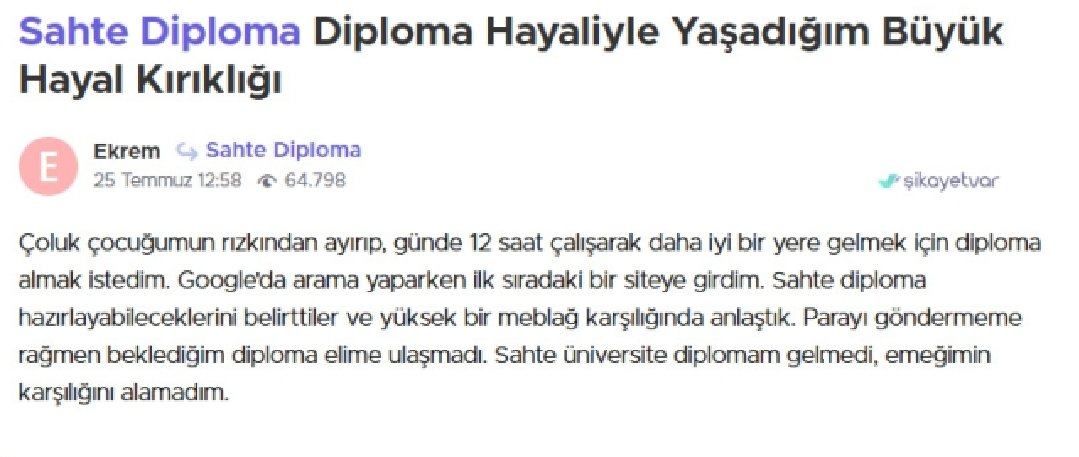 Ülkenin durumunu en güzel özetleyen şikayet bu olabilir.
Senelerce emek verip, alınteri ve namusu ile işini yapmaya çalışanların yanında, parayı bastırıp 5 dakikada diploma sahibi olanlar var bu ülkede.
Daha neler görürüz bilinmez...
#sahtediploma #SahteDiplomalılarıAçıklayın