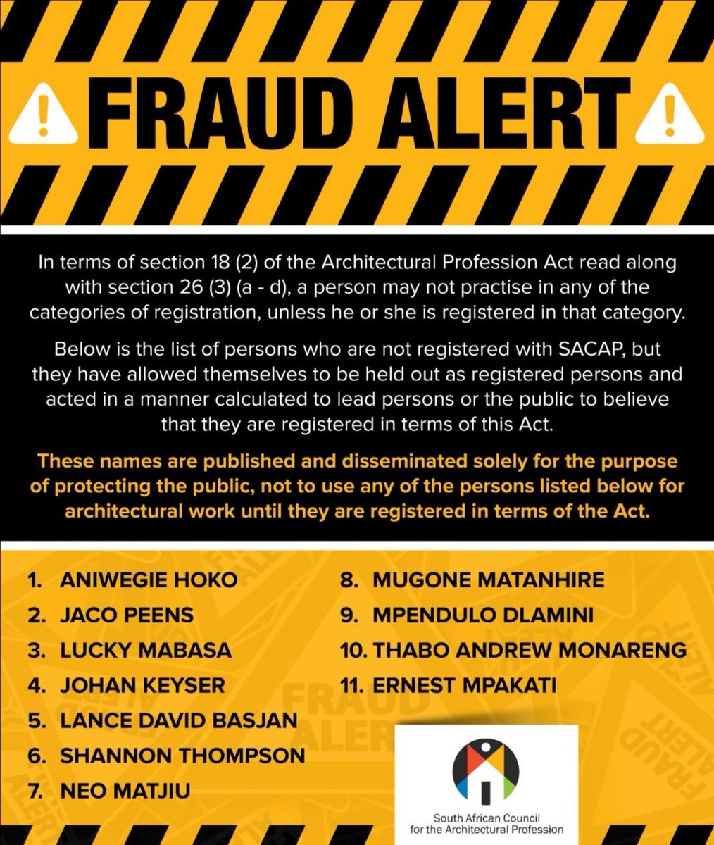 SACAP (@sacapsa) on Twitter photo At SACAP, we remain committed to upholding the highest standards of integrity and regulation within South Africa's architectural profession.
Want to know how you can ensure your compliance?
Contact us at info@sacapsa.com for guidance and support. At SACAP, we remain committed to upholding the highest standards of integrity and regulation within South Africa's architectural profession.
Want to know how you can ensure your compliance?
Contact us at info@sacapsa.com for guidance and support.
