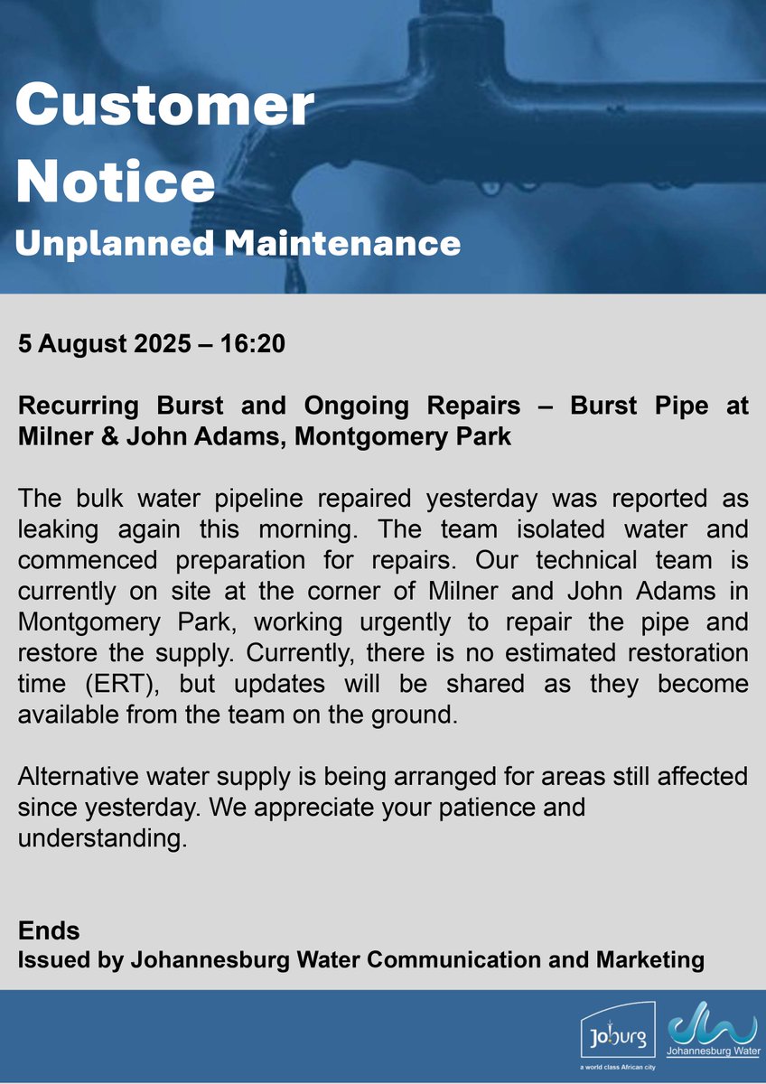 Johannesburg Water (@jhbwater) on Twitter photo <a href="/JustXavierB/">Just Xavier</a> <a href="/CityofJoburgZA/">City of Joburg</a> <a href="/DadaMorero/">Executive Mayor of the City Of Joburg</a> <a href="/LiamJacobsZA/">Liam Jacobs</a> <a href="/MTshwaku/">Cmsr Dr Mgcini Tshwaku, PhD</a> <a href="/CityPowerJhb/">@CityPowerJhb</a> Good day, thank you for bringing this to our attention. The team is currently on site working on the repairs. ^PR <a href="/JustXavierB/">Just Xavier</a> <a href="/CityofJoburgZA/">City of Joburg</a> <a href="/DadaMorero/">Executive Mayor of the City Of Joburg</a> <a href="/LiamJacobsZA/">Liam Jacobs</a> <a href="/MTshwaku/">Cmsr Dr Mgcini Tshwaku, PhD</a> <a href="/CityPowerJhb/">@CityPowerJhb</a> Good day, thank you for bringing this to our attention. The team is currently on site working on the repairs. ^PR