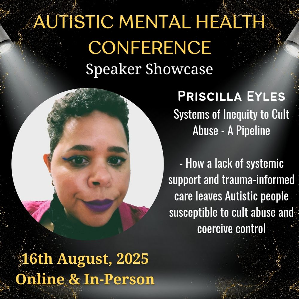 PriscillaEyles's tweet image. Excited to to be talking at #AIMConference abt how inequity leads to #CultAbuse why we as #ND pple can be susceptible to it &amp;amp;recruitment &amp;amp; the effects it has on us. So important to understand what coercive control looks like so you can spot it in the moment. #CultSurvivor #AuDHD