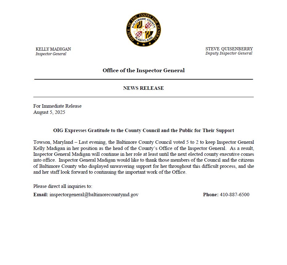 Baltimore County Office of the Inspector General (@oig_balt_county) on Twitter photo IG Madigan & <a href="/OIG_Balt_County/">Baltimore County Office of the Inspector General</a> are grateful to the Baltimore County Council and citizens for the continued support. IG Madigan & staff look forward to continuing the Office's mission to identify fraud, waste and abuse in Baltimore County government. IG Madigan & <a href="/OIG_Balt_County/">Baltimore County Office of the Inspector General</a> are grateful to the Baltimore County Council and citizens for the continued support. IG Madigan & staff look forward to continuing the Office's mission to identify fraud, waste and abuse in Baltimore County government.