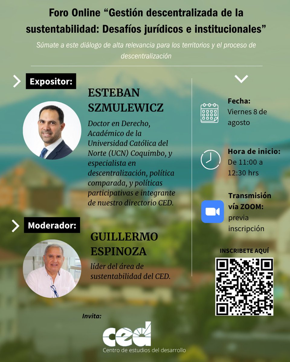 📌 Te invitamos a participar en el Foro Online “Gestión descentralizada de la sustentabilidad: Desafíos jurídicos e institucionales”, organizado por la Comisión de Sustentabilidad del #CED.

📅 Fecha: Viernes 8 de agosto, 11.00 hrs.

🗣 Inscríbete AQUÍ: us02web.zoom.us/webinar/regist…