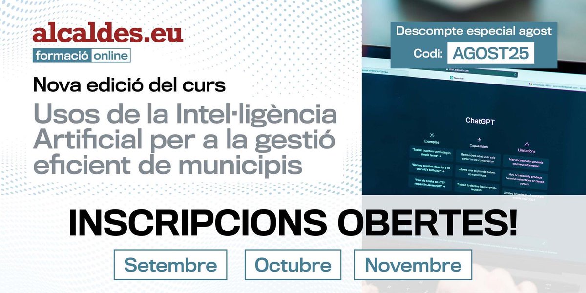 Transforma la gestió del teu municipi amb Intel·ligència Artificial!
Vols descobrir com aplicar la IA per fer una administració més eficient i innovadora?

Inscriu-te ara al curs “Usos de la Intel·ligència Artificial per a la Gestió Eficient de Municipis” i aprofita un 10% de