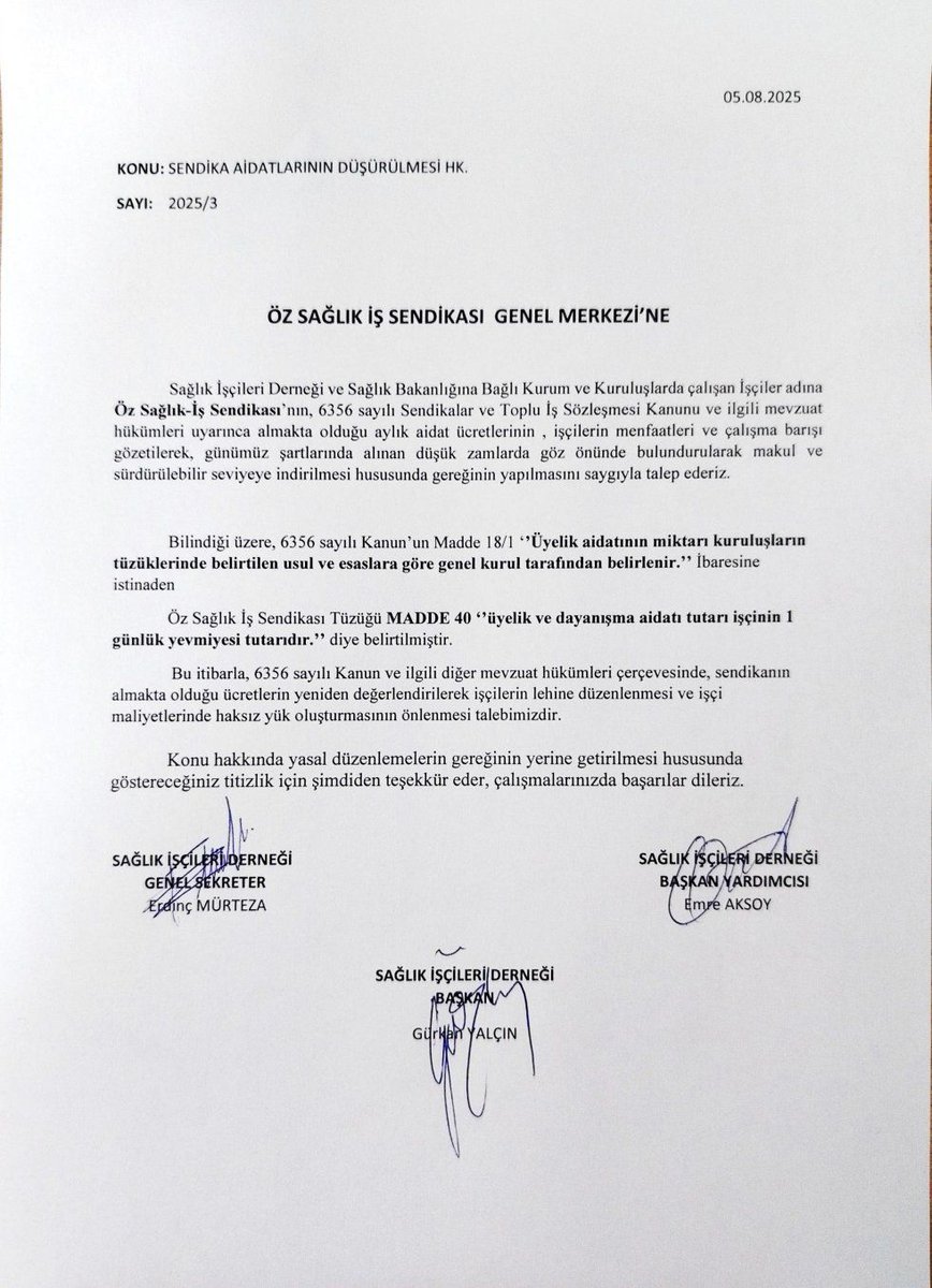 📢 SENDİKA AİDATLARI DÜŞÜRÜLSÜN!

Sağlık İşçileri Derneği, sağlık çalışanlarının ekonomik yükünü hafifletmek adına önemli bir çağrıda bulundu.

📨 Öz Sağlık-İş Sendikası Genel Merkezi'ne iletilen resmi yazıda, sendika aidatlarının mevcut ekonomik şartlar ve düşük ücretler göz