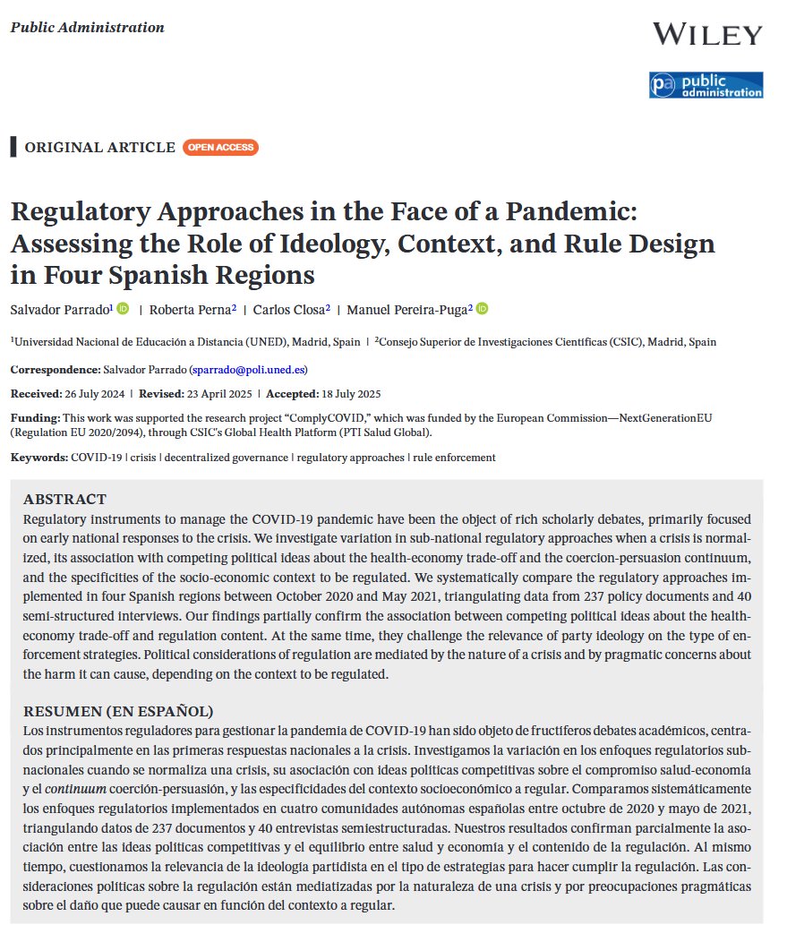 PA Journal (@journal_pa) on Twitter photo "Regulatory Approaches in the Face of a Pandemic: Assessing the Role of Ideology, Context, and Rule Design in Four Spanish Regions" Salvador Parrado, <a href="/roberta_perna/">Roberta Perna</a>, <a href="/carlos_closa/">Carlos Closa Montero</a>, & @ManuPereira_ contains findings that support the...(1/n) doi.org/10.1111%2Fpadm… "Regulatory Approaches in the Face of a Pandemic: Assessing the Role of Ideology, Context, and Rule Design in Four Spanish Regions" Salvador Parrado, <a href="/roberta_perna/">Roberta Perna</a>, <a href="/carlos_closa/">Carlos Closa Montero</a>, & @ManuPereira_ contains findings that support the...(1/n) doi.org/10.1111%2Fpadm…
