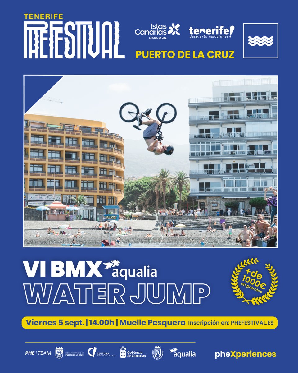 Este 5 de septiembre a las 14:00 vuelve el BMX Aqualia Water Jump del #PheFestival
1000 € en premios y una pregunta: ¿quién se atreve a volar más alto? 🚲
📍 Muelle pesquero 
🆓 Inscripción gratuita abierta ya
🛳️ Si vienes desde otras islas, cubrimos el traslado*