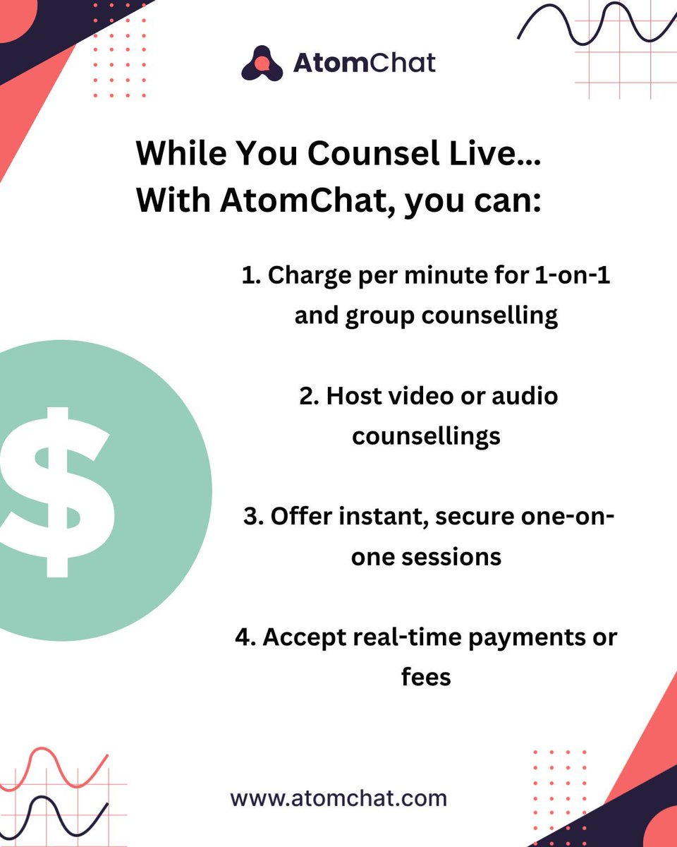 atomchatapp's tweet image. Counselors, turn your guidance into income.
Use AtomChat to charge per minute and accept payments during live chats.
Secure, easy, and built for your practice.
#OnlineCounseling #TherapistTools #MentalHealthSupport #CoachMonetization #VirtualTherapy #PayPerMinute