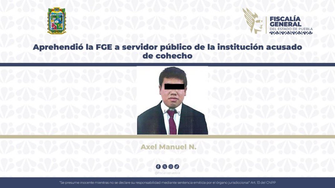 AG Medios Noticias (@ag_medios) on Twitter photo 🚨 La <a href="/FiscaliaPuebla/">FGE Puebla</a> aprehendió a Axel Manuel N., exagente del Ministerio Público, de 28 años, por presunto delito de cohecho.
Se le acusa de exigir 39 mil pesos a una mujer para liberar su vehículo asegurado. Ya fue puesto a disposición judicial. #Puebla 🚨 La <a href="/FiscaliaPuebla/">FGE Puebla</a> aprehendió a Axel Manuel N., exagente del Ministerio Público, de 28 años, por presunto delito de cohecho.
Se le acusa de exigir 39 mil pesos a una mujer para liberar su vehículo asegurado. Ya fue puesto a disposición judicial. #Puebla