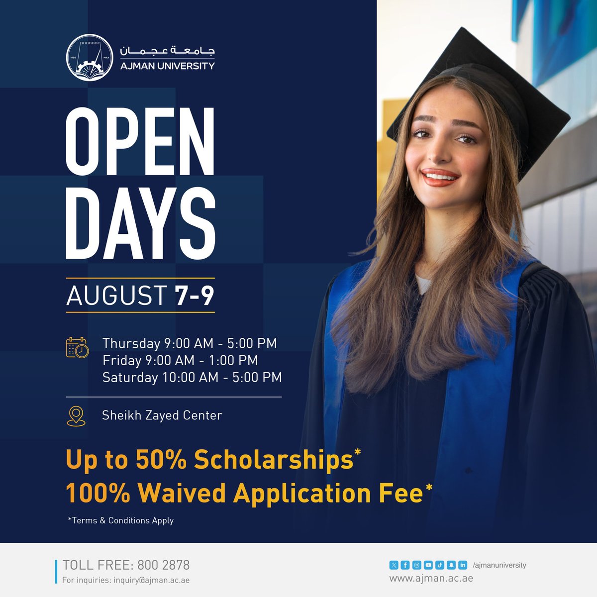 Ajman University (@ajmanuniversity) on Twitter photo Be career ready with Ajman University & don’t miss out on your future! 🚀 Join our Open Days from Aug 7–9 for 50+ programs, 10 new future-focused majors & virtual tours. Apply on the spot for up to 50% scholarships + fee waiver (T&C apply). Your future starts here!🎓 #OpenDays Be career ready with Ajman University & don’t miss out on your future! 🚀 Join our Open Days from Aug 7–9 for 50+ programs, 10 new future-focused majors & virtual tours. Apply on the spot for up to 50% scholarships + fee waiver (T&C apply). Your future starts here!🎓 #OpenDays