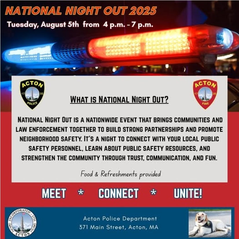 ActonLionsClub's tweet image. Join the Acton Lions Club, Acton Police &amp;amp; Fire &amp;amp; First responders for the 'local' National Night Out!    
Tues, 8/5 4-7pm at the Acton Public Safety Building (371 Main Street)!  
Family friendly event! Don't miss this night of community connection and fun! 
#ActonMA