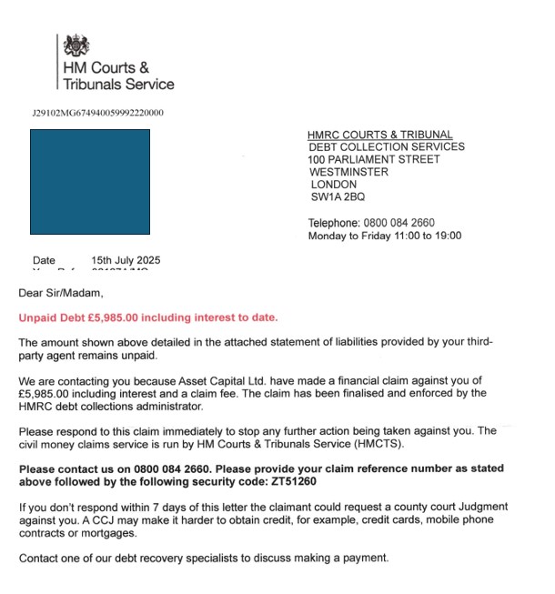 HMCTSgovuk's tweet photo. ❗ Scammers are targeting the public by sending false letters claiming to be from HMCTS. 

Letters state that the recipient has unpaid debts and they are being summoned to court as a result. 

If you’re unsure, do not pay anything and report the potential scam to @actionfrauduk https://t.co/oxv3pYHDTD