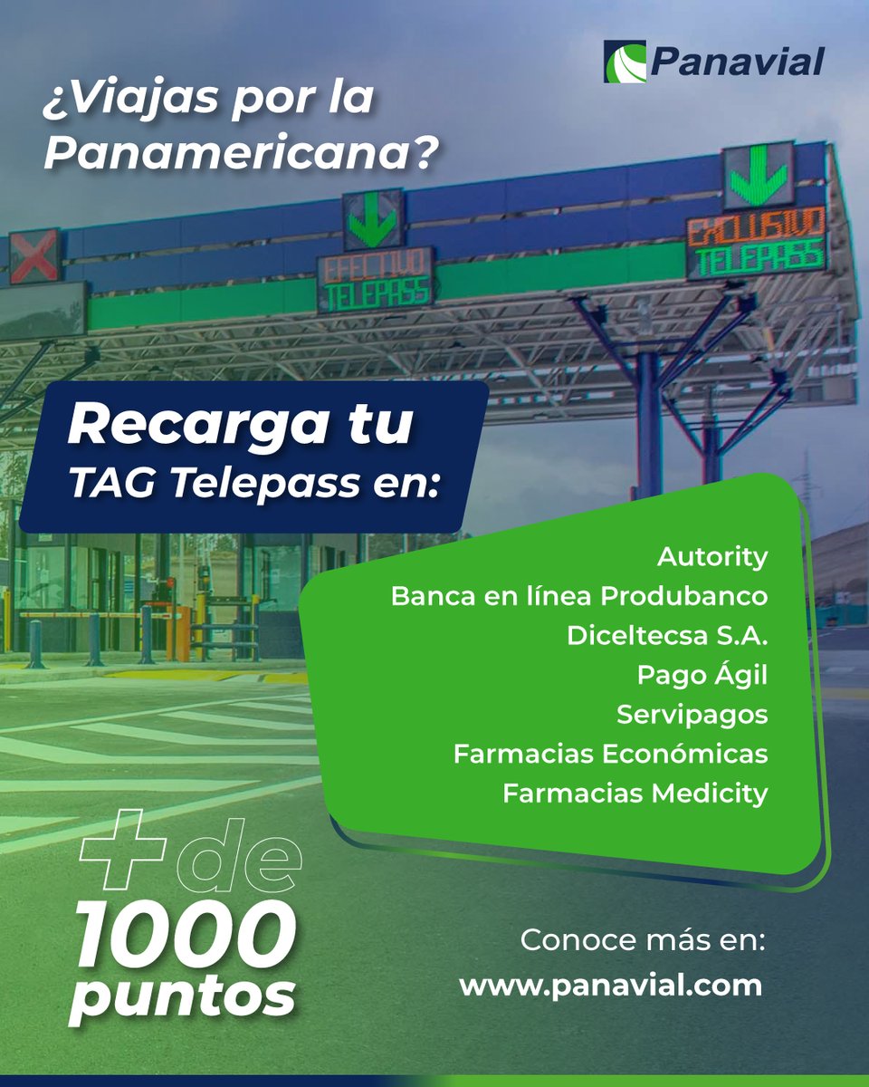 🚗¿Viajas por la Panamericana E35?
¡No te detengas! Aquí puedes recargar tu TAG TELEPASS de Panavial y seguir tu ruta sin complicaciones 🟢📲
👉 Revisa en este post los puntos de recarga disponibles y muchos más puntos en panavial.com👇
¡Viaja cómodo, rápido y seguro!