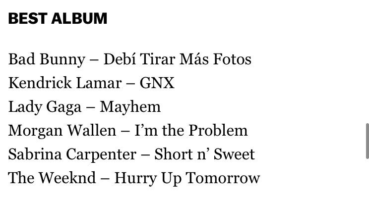 This category would be so good if we had Chromakopia and not Morgan Wallen 💔