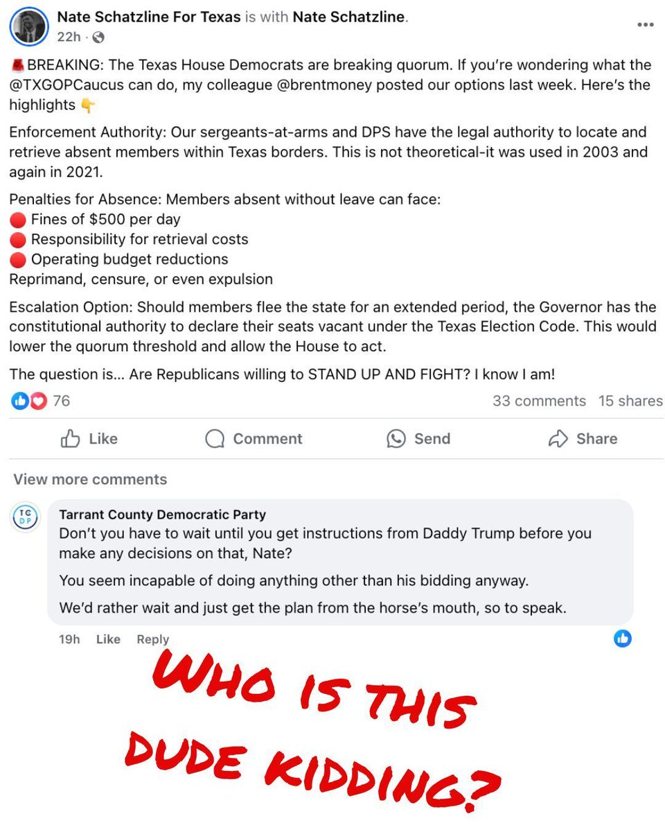 Rep. Schatzline's idiotic flex post is illustrative of elected
Republicans in Texas and a national level in 2025.

They are all just lackeys for their orange leader. 

They take now ownership or pride in being elected to the legislative branch. That makes them terrible at