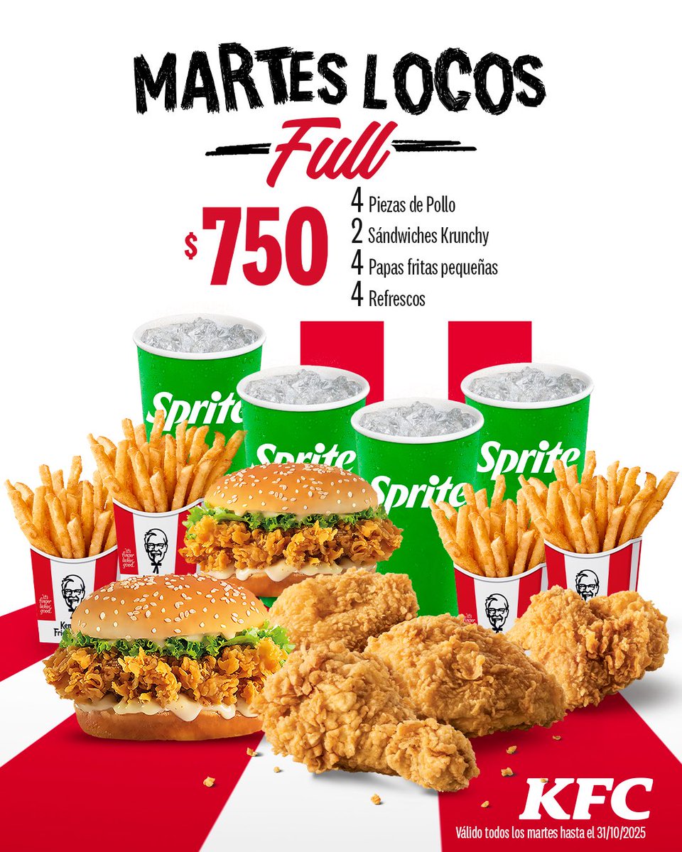 El martes se volvió loco en KFC con Martes Locos desde RD$499. 🤪

- Promoción válida hasta el 31 de octubre de 2025
- Disponible en todos nuestros restaurantes.
- Válido para comer en el restaurante, Autorápido, para llevar.
- Válido para programar recoger en el restaurante y