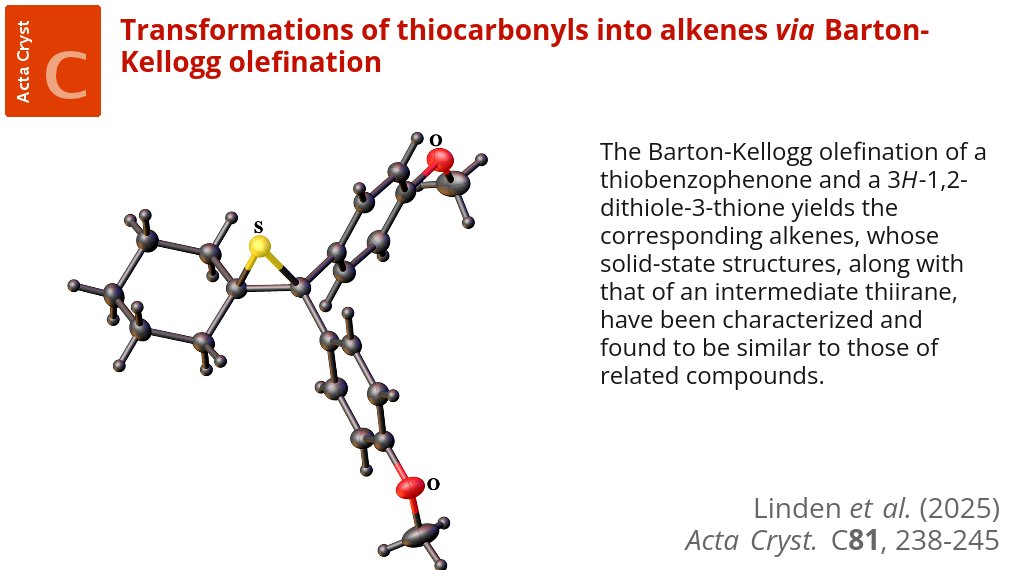 ActaCrystC's tweet image. New open-access article! Transformations of thiocarbonyls into alkenes @UZH_Chemistry @UZH_en @snf_ch @Roche #crystalstructure #dithiole #thiirane #Barton #Kellogg #olefination #crystallography@ActaCrystC doi.org/10.1107/S20532…