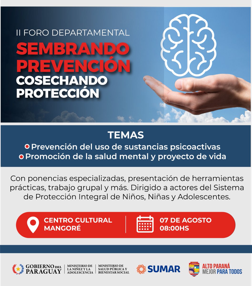 Ministerio de la Niñez y la Adolescencia | Py (@minnaparaguay) on Twitter photo #ATENCIÓN Alto Paraná
II Foro Departamental de Prevención
SEMBRANDO PREVENCIÓN, CONSECHANDO PROTECCIÓN
🗓 Jueves 7/ago
⏰ 08:00 hs.
📍 Centro Cultural Mangoré de Ciudad del Este
#TodosSomosResponsables
#PlanSumar
Organizan:
MINNA, <a href="/msaludpy/">Ministerio de Salud</a> y Gobernación de Alto Paraná #ATENCIÓN Alto Paraná
II Foro Departamental de Prevención
SEMBRANDO PREVENCIÓN, CONSECHANDO PROTECCIÓN
🗓 Jueves 7/ago
⏰ 08:00 hs.
📍 Centro Cultural Mangoré de Ciudad del Este
#TodosSomosResponsables
#PlanSumar
Organizan:
MINNA, <a href="/msaludpy/">Ministerio de Salud</a> y Gobernación de Alto Paraná
