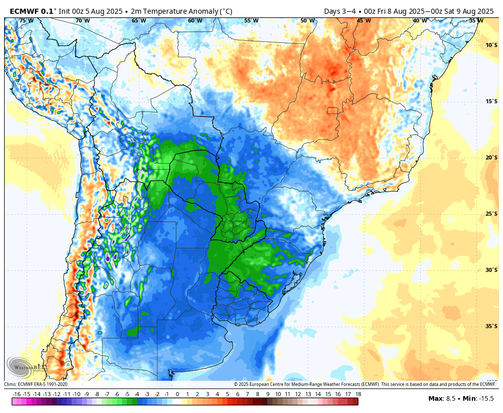 lcrvini's tweet photo. cada vez mais consolidado o cenário do próximo fim de semana com relação à queda de temperatura

os mapas mostram as anomalias da temperatura de sexta (08) até segunda (11) https://t.co/PYgZ45YsEf
