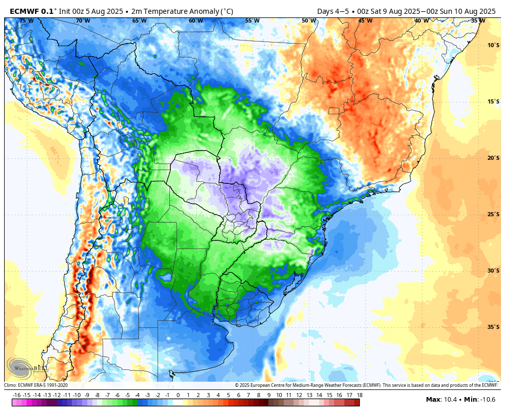 lcrvini's tweet photo. cada vez mais consolidado o cenário do próximo fim de semana com relação à queda de temperatura

os mapas mostram as anomalias da temperatura de sexta (08) até segunda (11) https://t.co/PYgZ45YsEf
