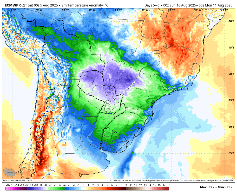 lcrvini's tweet photo. cada vez mais consolidado o cenário do próximo fim de semana com relação à queda de temperatura

os mapas mostram as anomalias da temperatura de sexta (08) até segunda (11) https://t.co/PYgZ45YsEf
