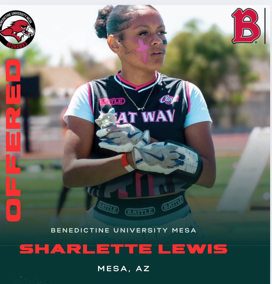 Mesa Athletics (@mesahsathletics) on Twitter photo 10/1000 💛💜
Sharlette Lewis just made history as the first Mesa High athlete to be offered a college scholarship for flag football! 🏈
Playmaker. Game changer. Future star.
#OnlyAtMesa #JackrabbitPride #FlagFootballFuture 10/1000 💛💜
Sharlette Lewis just made history as the first Mesa High athlete to be offered a college scholarship for flag football! 🏈
Playmaker. Game changer. Future star.
#OnlyAtMesa #JackrabbitPride #FlagFootballFuture