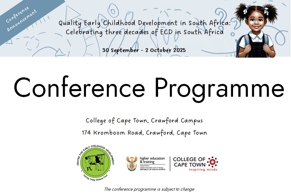 Centre for ECD (@cecd_online) on Twitter photo The #QualityECDConference programme is now available!
Thanks to everyone who submitted abstracts - your work is shaping #ECD in SA.  This is just a snapshot of 30 years of impact!
Register & view programme: qualityecdconference.co.za The #QualityECDConference programme is now available!
Thanks to everyone who submitted abstracts - your work is shaping #ECD in SA.  This is just a snapshot of 30 years of impact!
Register & view programme: qualityecdconference.co.za