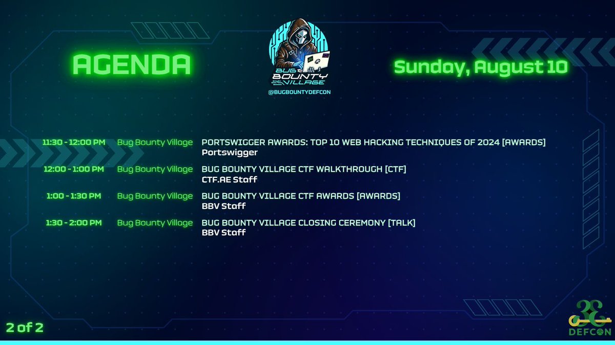 Bug Bounty Village (@bugbountydefcon) on Twitter photo Here’s a look at our Sunday afternoon lineup at @DEFCON to close out the weekend:
<a href="/PortSwigger/">PortSwigger</a>, <a href="/CTFae/">CTF.ae</a>, <a href="/infinitelogins/">Harley Kimball</a>, @arl_rose, Ahmed Attalla, Adham Elmosalamy, @deadpackets, and <a href="/Abraxus7331/">Abraxus</a>
See you there! 👀 #BugBounty Here’s a look at our Sunday afternoon lineup at @DEFCON to close out the weekend:
<a href="/PortSwigger/">PortSwigger</a>, <a href="/CTFae/">CTF.ae</a>, <a href="/infinitelogins/">Harley Kimball</a>, @arl_rose, Ahmed Attalla, Adham Elmosalamy, @deadpackets, and <a href="/Abraxus7331/">Abraxus</a>
See you there! 👀 #BugBounty