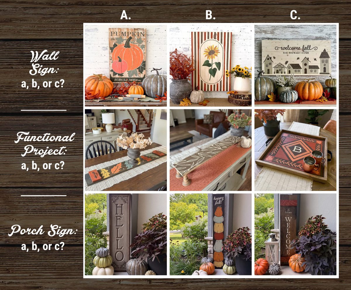 boardandbrushcs's tweet image. Fall DIY fun just dropped! 🍂 
Our August release is here, and it’s packed with cozy charm. Which wall sign, functional project, and porch project are YOUR favorite? 

[ex. C, A, A]

Vote for your favorites and start planning your next creative night out!
boardandbrush.com/studio-locatio…