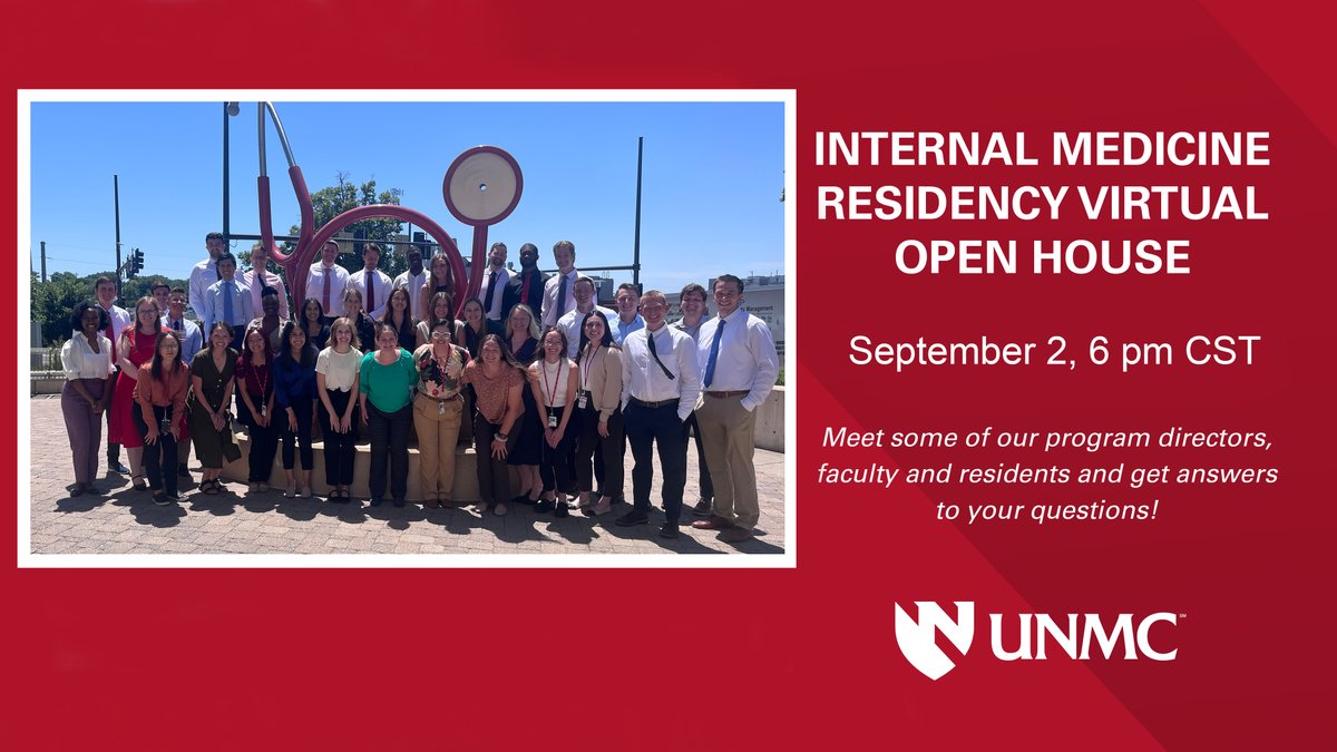 UNMC Department of Internal Medicine (@unmc_im) on Twitter photo Last call to sign up for <a href="/UNMCIMResidency/">UNMC IM Residency</a>'s virtual open house: go.unmc.edu/imvoh
👋 Meet PDs, faculty & residents
🏡 Find out what it’s like to live in Omaha
🏥 Check out training sites & program initiatives
🤜🏻🤛🏿Learn about community & outreach efforts
❓ Ask questions Last call to sign up for <a href="/UNMCIMResidency/">UNMC IM Residency</a>'s virtual open house: go.unmc.edu/imvoh
👋 Meet PDs, faculty & residents
🏡 Find out what it’s like to live in Omaha
🏥 Check out training sites & program initiatives
🤜🏻🤛🏿Learn about community & outreach efforts
❓ Ask questions