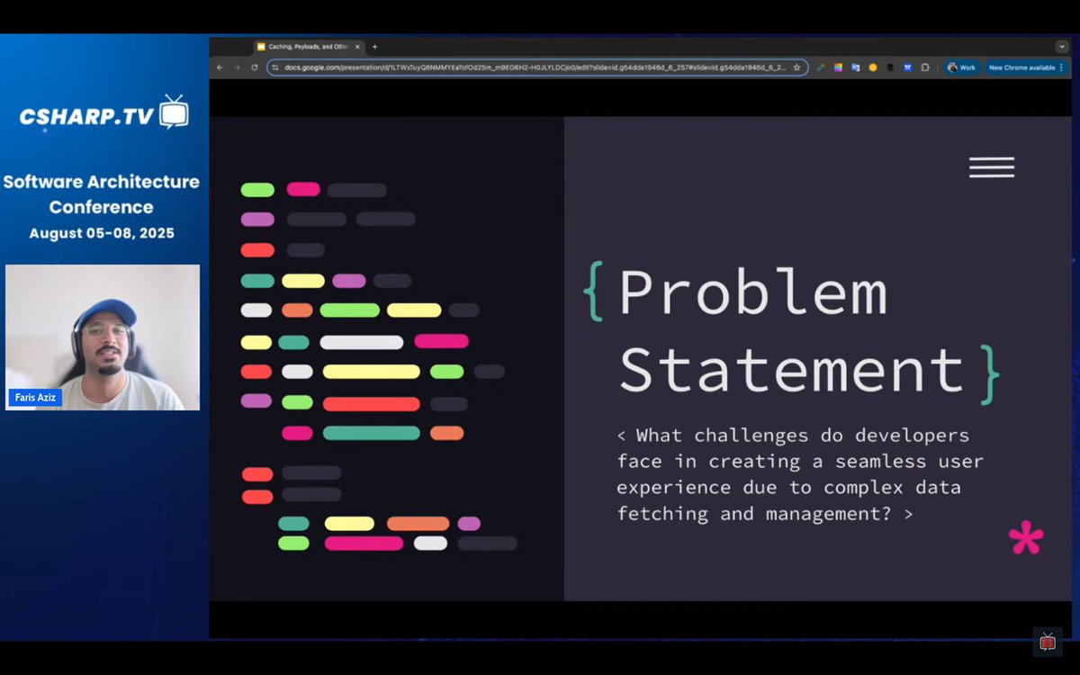 CsharpCorner's tweet image. 🔥 Frontend meets wizardry!
@farisaziz12 is on stage at #SoftwareArchitectureConf 2025 with “Caching, Payloads, and Other Dark Arts”
🔍 Learn how real-world frontend challenges are tackled by modern architects.
📺 Join the stream now: youtube.com/watch?v=qwC1TZ……