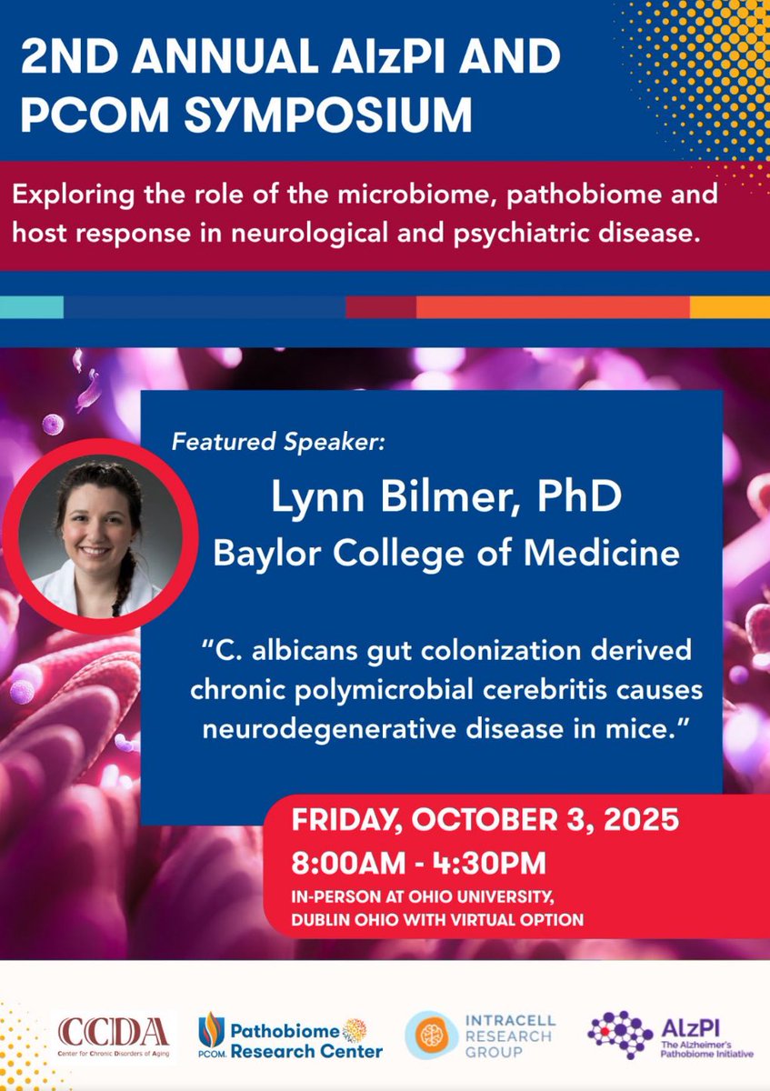 NikkiSchultek's tweet image. Come learn with us! #AlzPI #PCOM

Dr. Bimler’s groundbreaking work explores the hypothesis that chronic gut colonization by Candida albicans—a common human fungal pathogen—can lead to persistent, low-level fungal infections in the brain, ultimately driving Alzheimer’s-like…