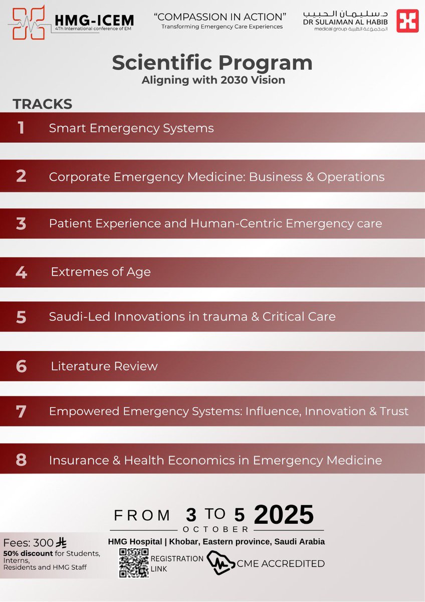 HMG-ICEM25 is not just a conference, it is a movement.

From smart systems to human-centric care, from trauma innovations to healthcare economics — our scientific tracks are designed to align with 2030 Vision and redefine emergency medicine🚨.

🎙️Join us and be part of EM future