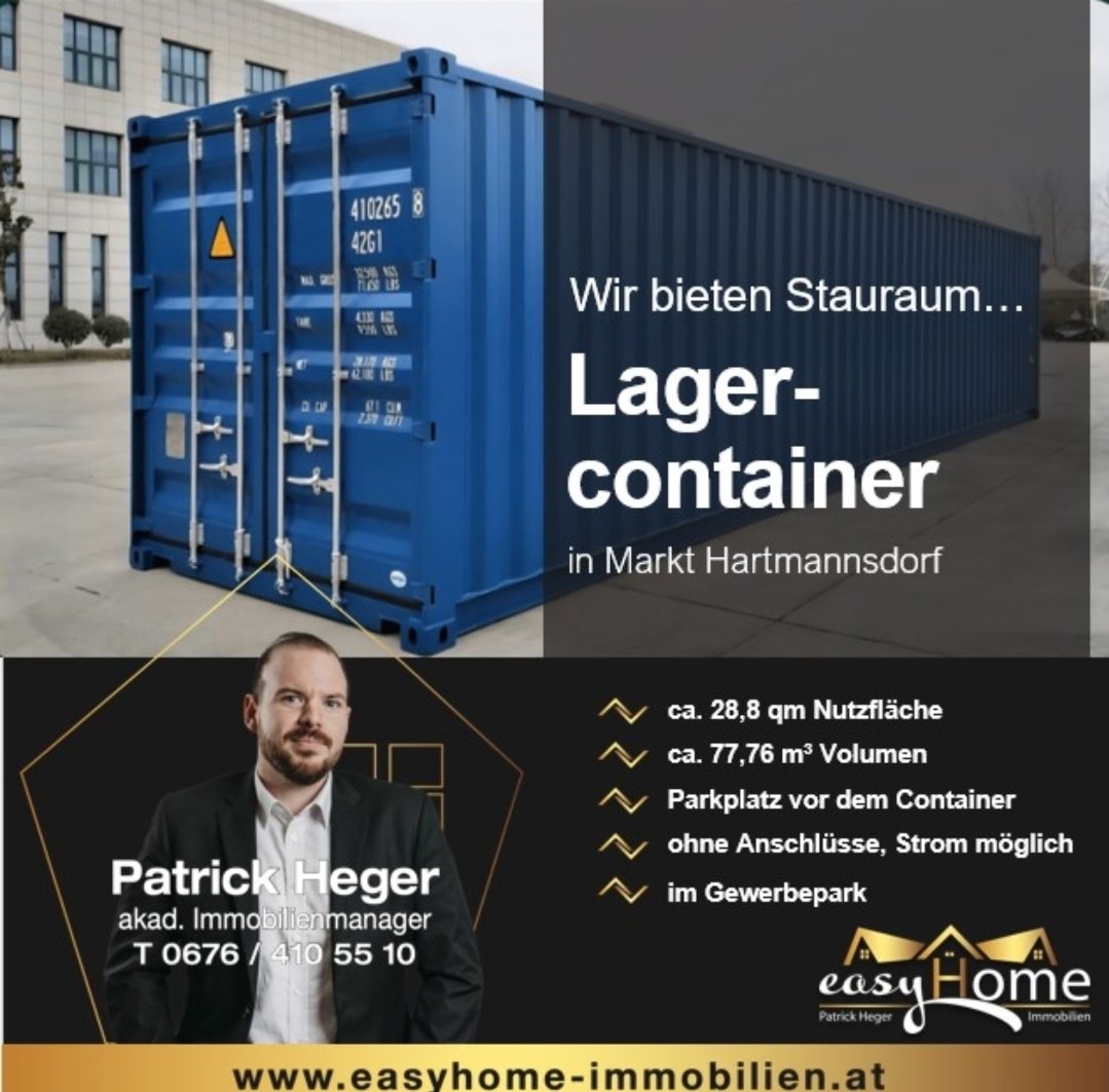 📦Hochwertiger 40-Fuß-Container im Gewerbepark Markt Hartmannsdorf zu vermieten! 

Details: 
- Neuwertig (First Class)
- Maße: ca. 12 m x 2,4 m x 2,7 m 
- Nutzfläche: ca. 28,8 m² 
- Volumen: ca. 77,76 m³ 
- Standort: Gewerbepark Markt Hartmannsdorf 
- Optional mit Stromanschluss