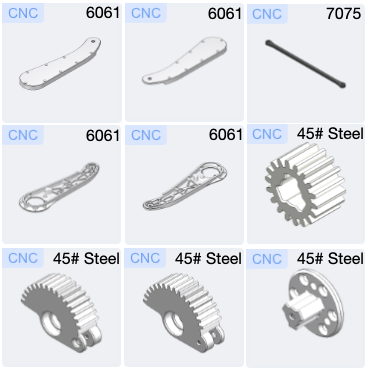 I ended up ordering the parts using various materials: steel alloy 45# (for gear parts) and aluminum 6061 + 7075.