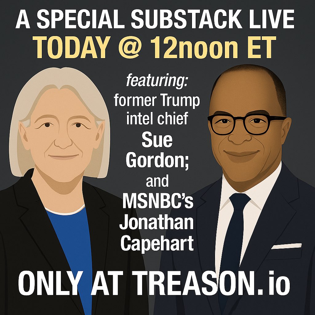 Join me and <a href="/CapehartJ/">Jonathan Capehart</a> and former Trump intel chief Sue Gordon at 12noon ET today for a Substack LIVE to talk about the latest White House claims on Russia, revenge firings of truth-tellers, and continued Trump efforts to distract from the Epstein scandal.