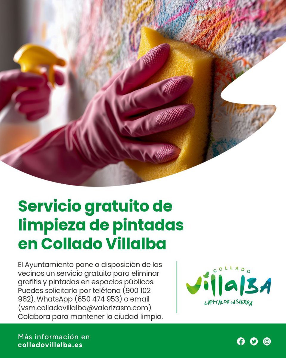 Ayuntamiento de Collado Villalba (@ayuntamientocv) on Twitter photo 🎨🚫 ¿Pintadas en espacios públicos? ¡Actúa! 🚫🎨
En #ColladoVillalba ofrecemos limpieza GRATIS de grafitis.
📞 Llama al 900 102 982
📱 WhatsApp: 650 474 953
✉️ Email: vsm.colladovillalba@valorizasm.com
¡Juntos cuidamos nuestra ciudad! 💙 #TuAyuntamiento 🎨🚫 ¿Pintadas en espacios públicos? ¡Actúa! 🚫🎨
En #ColladoVillalba ofrecemos limpieza GRATIS de grafitis.
📞 Llama al 900 102 982
📱 WhatsApp: 650 474 953
✉️ Email: vsm.colladovillalba@valorizasm.com
¡Juntos cuidamos nuestra ciudad! 💙 #TuAyuntamiento