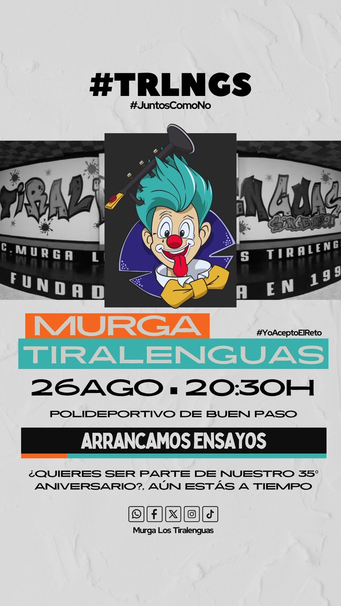 📝 Arrancamos ensayos
 
El próximo martes 26 de agosto comenzamos con los ensayos para el Carnaval 2026.
¿Quieres ser parte de nuestro 35° aniversario?, aún estás a tiempo. 

#TRLNGS #TRLNGS26 #JuntosComoNo #YoAceptoElReto