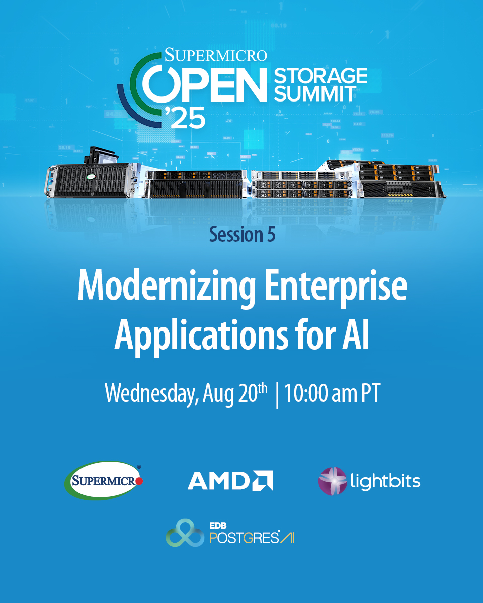 EDBPostgres's tweet image. What does it take to modernize enterprise apps for AI?

On 8/20, EDB joins @Supermicro_SMCI, @AMD, &amp;amp; @LightbitsLabs at the #OpenStorageSummit to talk #Postgres, storage, and getting #AI workloads production-ready. Details 👉 thecube.net/events/supermi…
