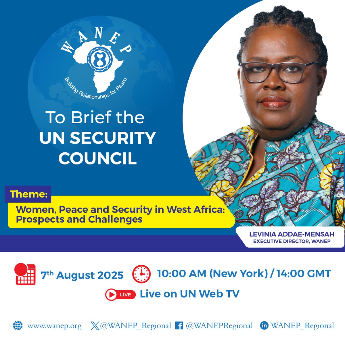 WANEP’s Executive Director, <a href="/leviniaam/">Levinia Addae-Mensah</a>, will brief the UN Security Council on 𝟕 𝐀𝐮𝐠𝐮𝐬𝐭 at 𝟏𝟒:𝟎𝟎 𝐆𝐌𝐓. She will share insights on key security developments in West Africa, with a particular focus on Women, Peace and Security. 
📺Watch live via webtv.un.org/en