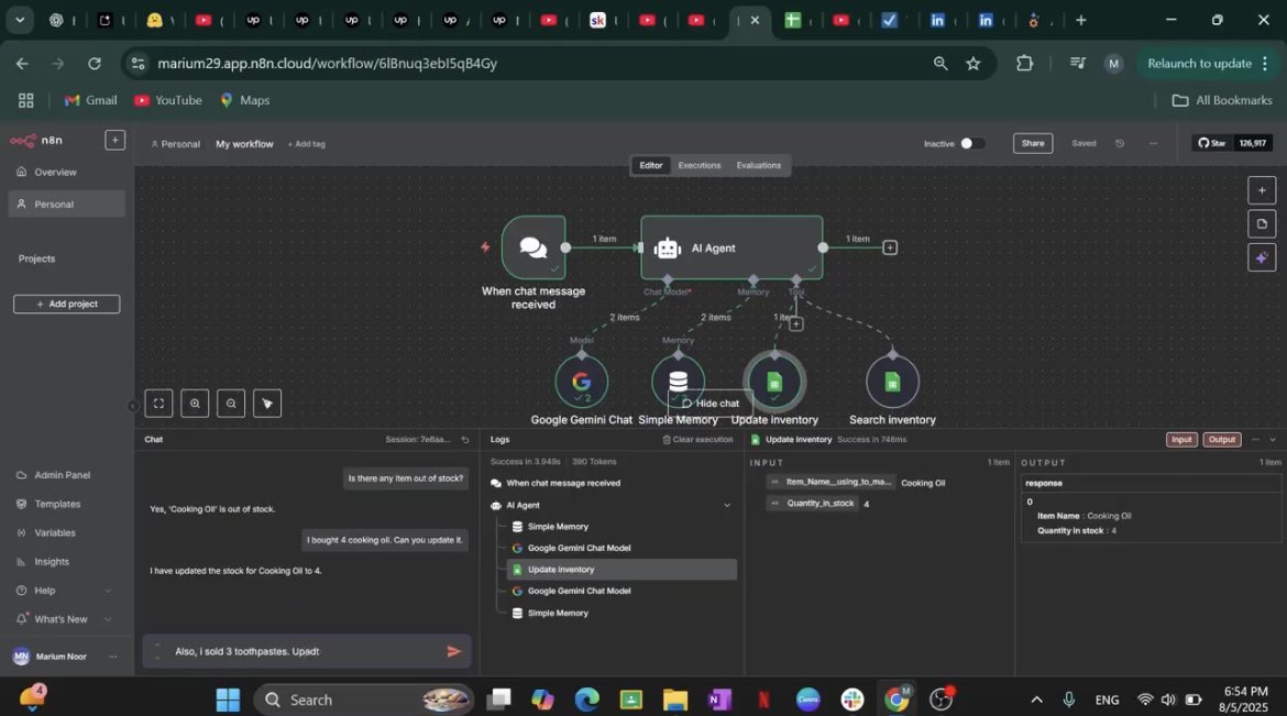 marium_dev's tweet image. Most inventory systems work only when you update them.
But what if you had an AI agent that could manage your stock for you?

I built exactly that using n8n.
It’s a simple inventory management AI agent connected to Google Sheets.