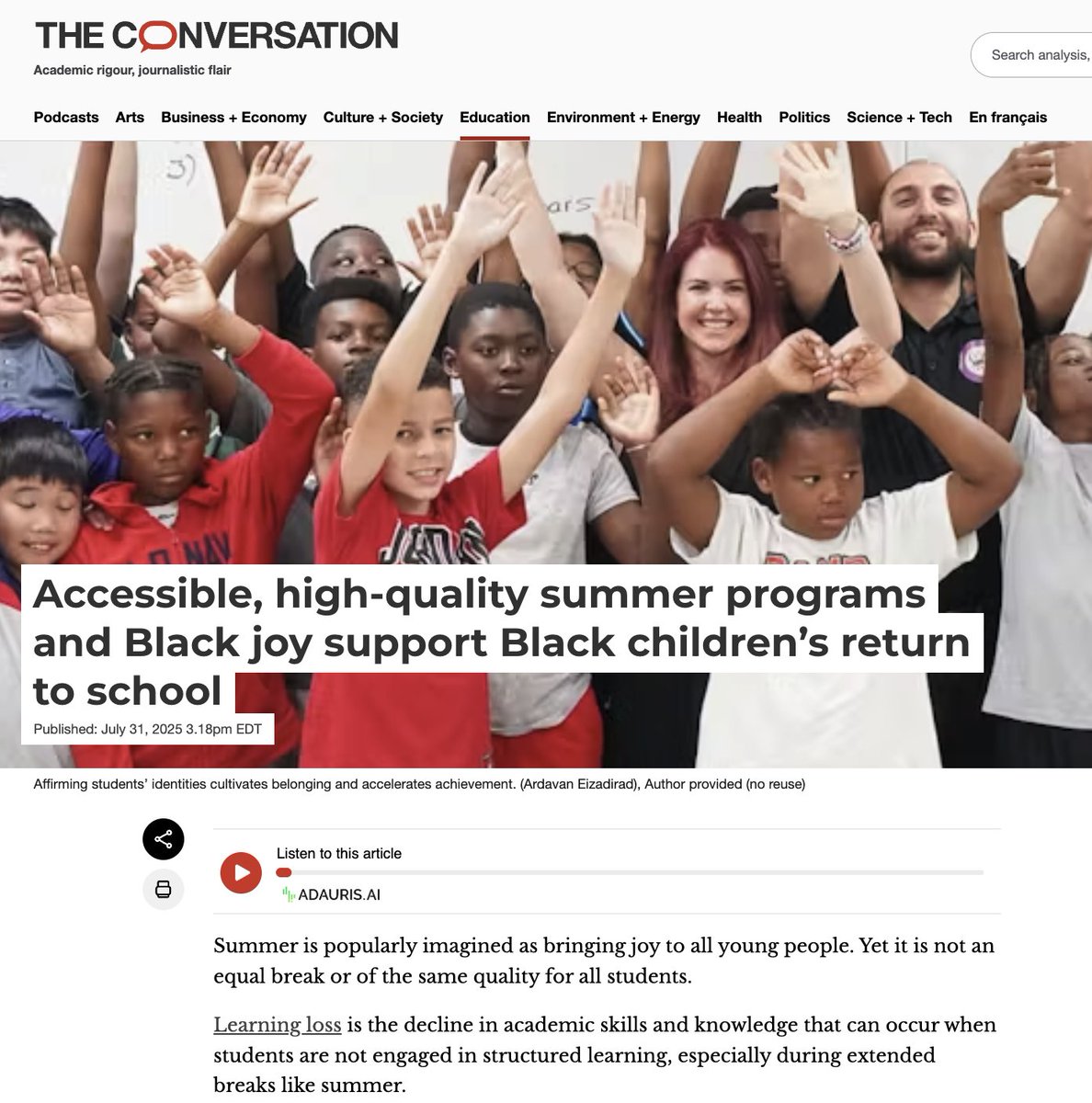 YAAACE (@yaaace_si) on Twitter photo 🔎 How YAAACE Is Reimagining Summer as a Season of Black Joy, Learning, and Liberation:
In a powerful and timely article published in The Conversation, <a href="/DrEizadirad/">Dr. Ardavan Eizadirad (he/him)</a> - Manager of Research, Evaluation, and Knowledge Mobilization at YAAACE - explores how accessible, high-quality, 🔎 How YAAACE Is Reimagining Summer as a Season of Black Joy, Learning, and Liberation:
In a powerful and timely article published in The Conversation, <a href="/DrEizadirad/">Dr. Ardavan Eizadirad (he/him)</a> - Manager of Research, Evaluation, and Knowledge Mobilization at YAAACE - explores how accessible, high-quality,