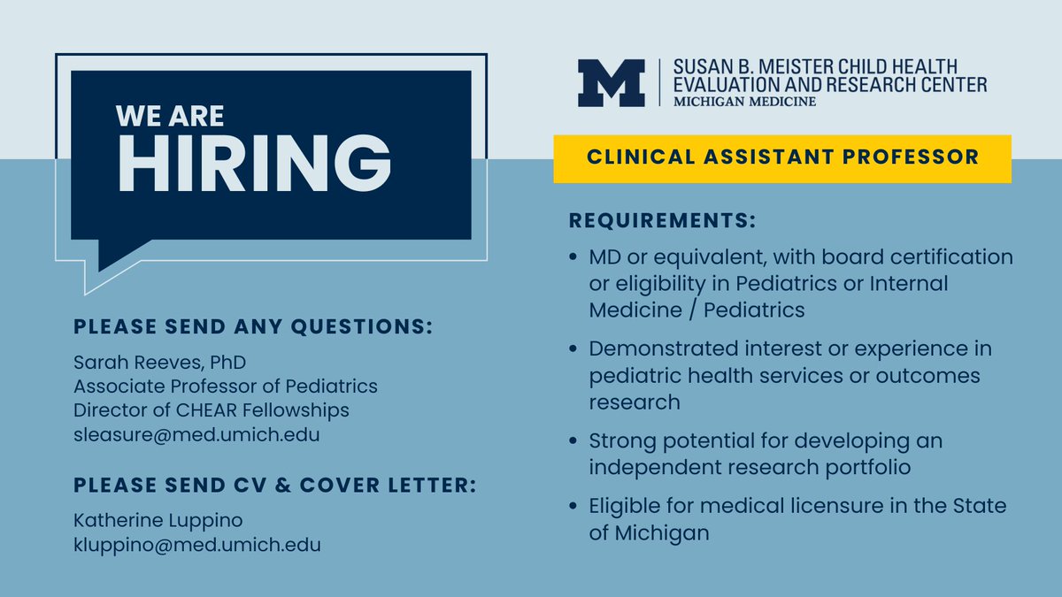 CHEAR (@umchear) on Twitter photo 📢We're Hiring!
Join the Susan B. Meister Child Health Evaluation and Research Center <a href="/UMich/">University of Michigan</a> as a Clinical Assistant Professor.
Passionate about pediatric health services research?
More information here: 🔗careers.umich.edu/job_detail/266… 📢We're Hiring!
Join the Susan B. Meister Child Health Evaluation and Research Center <a href="/UMich/">University of Michigan</a> as a Clinical Assistant Professor.
Passionate about pediatric health services research?
More information here: 🔗careers.umich.edu/job_detail/266…
