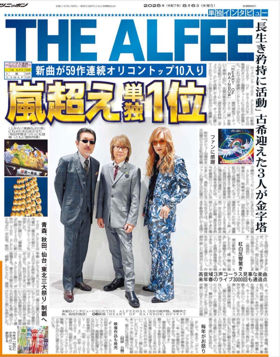 今日発売のスポニチは、THE ALFEEの快挙を単独インタビューとともに報じています。
一面にもその大見出しと、ALFEEからの素敵な広告も入っています。
ぜひコンビニ等でお求めください。