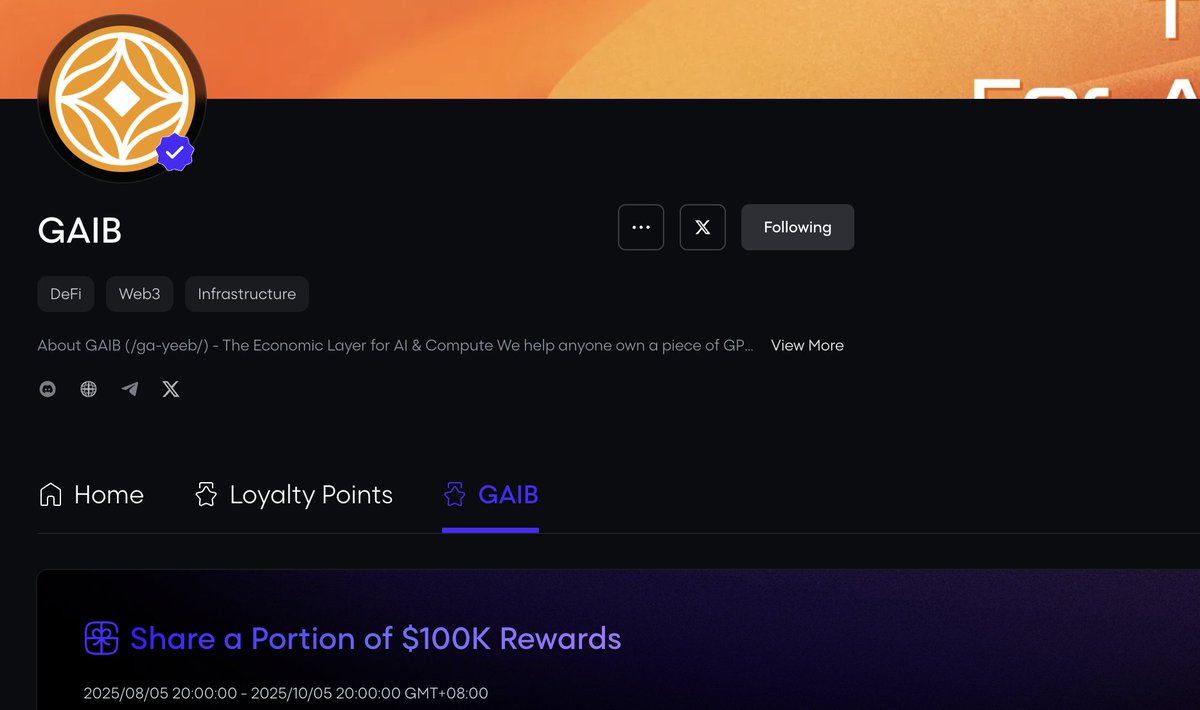 Hack 、Amber领投，融资1500万的 <a href="/gaib_ai/">GAIB 🟠 | RWAiFi</a> 今天
上了银河 <a href="/Galxe/">Galxe</a> #Starboard 。奖励达到了 $100000
有兴趣的参与下：app.galxe.com/quest/GAIB/sta…

当然最重要的还是参与项目本身的交互获得积分博未来更多空投。
下面说下几个撸空投角度供参考：
1）提供流动性赚取 Spice 积分：
链接 #OKX钱包 ；存款至少