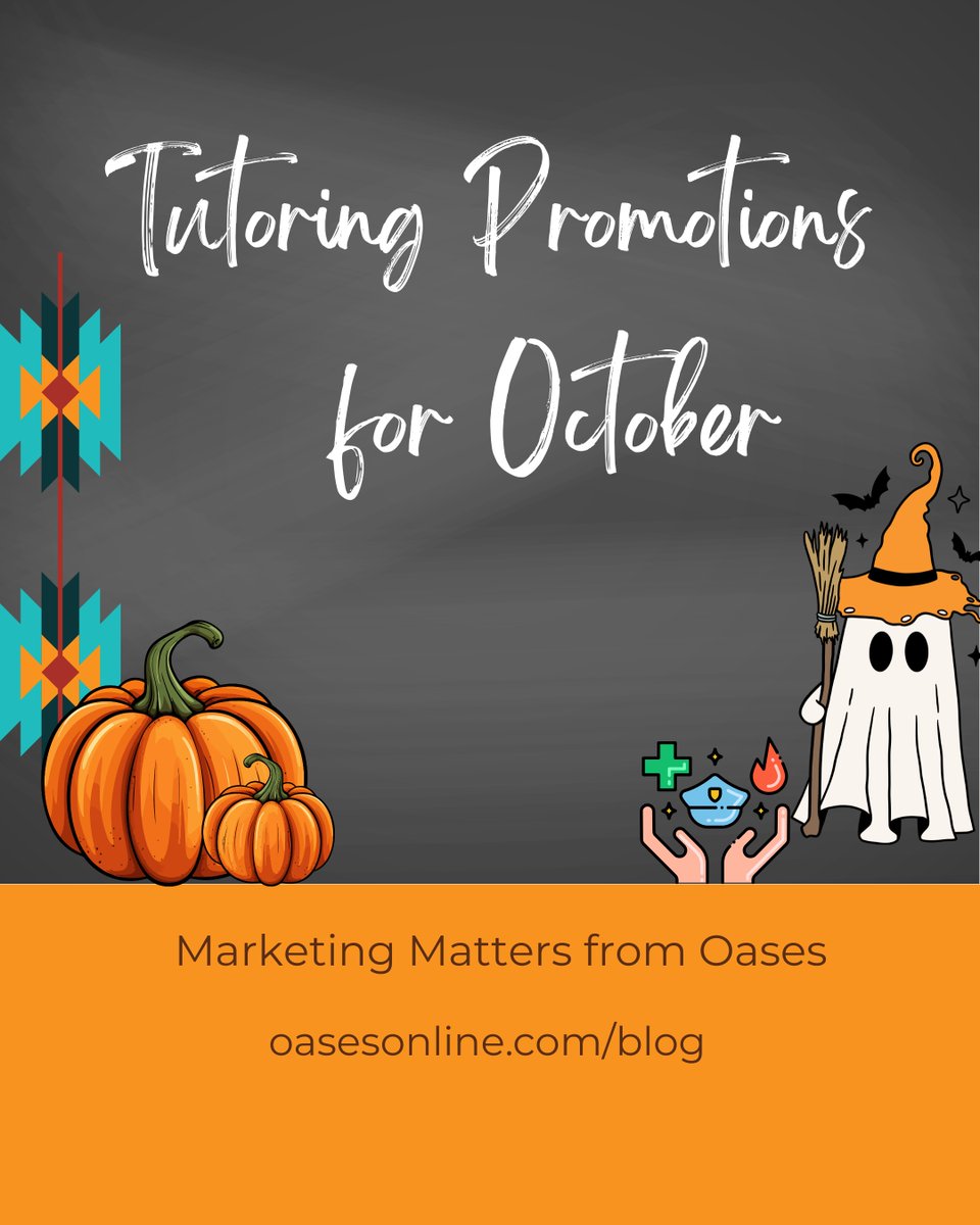 OasesOnline's tweet image. Start planning your October Tutoring promotions now with ideas from Oases Online&apos;s Marketing Matters series.

oasesonline.com/blog

#tutoring #tutoringmanagement #tutoringsoftware #tutortrack #testprep #testprepsoftware #scheduling #schedulingsoftware