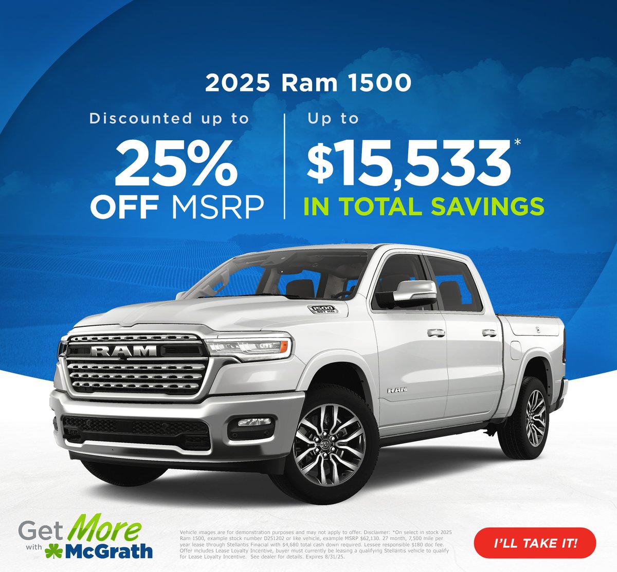 Power, performance, and price? Nailed it. Take up to 25% off MSRP — that’s $15,533 in total savings on the 2025 Ram 1500. bit.ly/45CtRGM