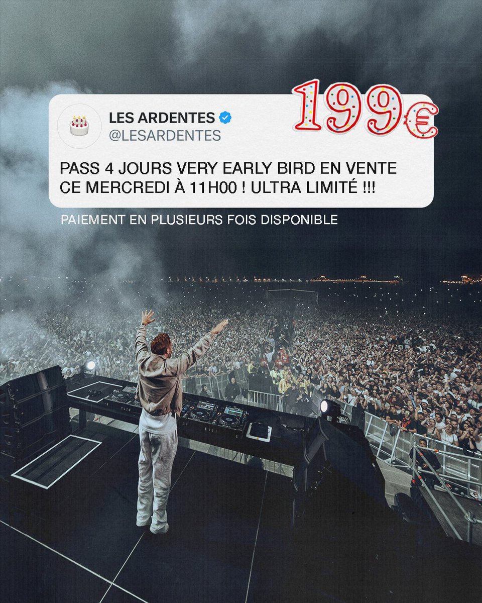Demain 11h mise en vente de PASS 4 JOURS à 199€ pour nos 20 ans !! 🎂Paiement en plusieurs fois dispo ! La + petite échéance démarre à 33€ 🚀
En quantité ultra limitée !!! Sois au rdv sur lesardentes.be