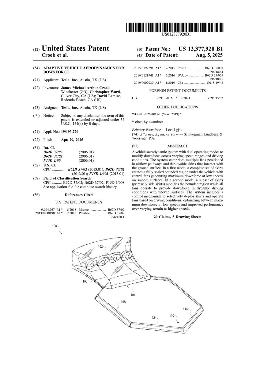 Sawyer Merritt (@sawyermerritt) on Twitter photo NEWS: Tesla has been granted a new U.S. patent for an active aerodynamic system that uses fans and deployable skirts to create downforce at any speed.
It can seal the car’s underside for maximum grip at low speeds and adjust for uneven terrain at higher speeds, improving NEWS: Tesla has been granted a new U.S. patent for an active aerodynamic system that uses fans and deployable skirts to create downforce at any speed.
It can seal the car’s underside for maximum grip at low speeds and adjust for uneven terrain at higher speeds, improving